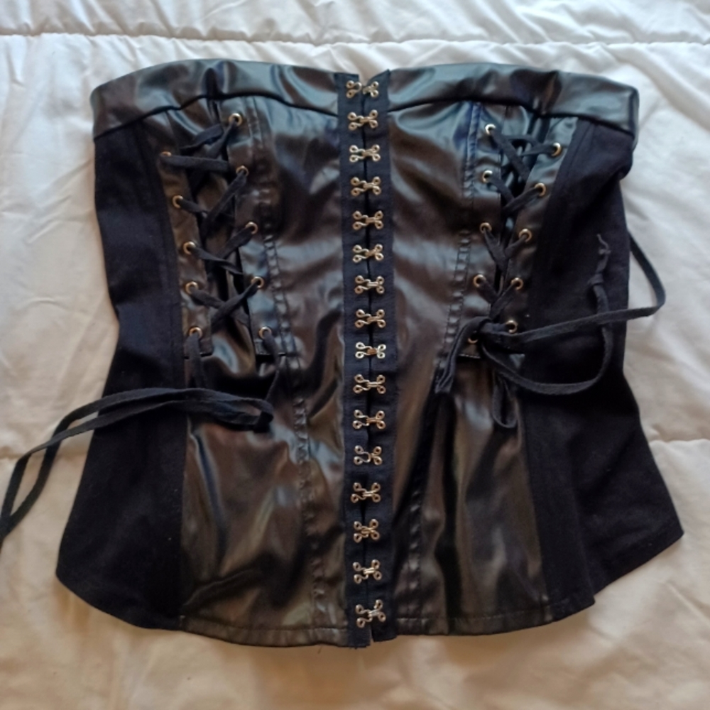 Tripp NYC black corset top with PVC